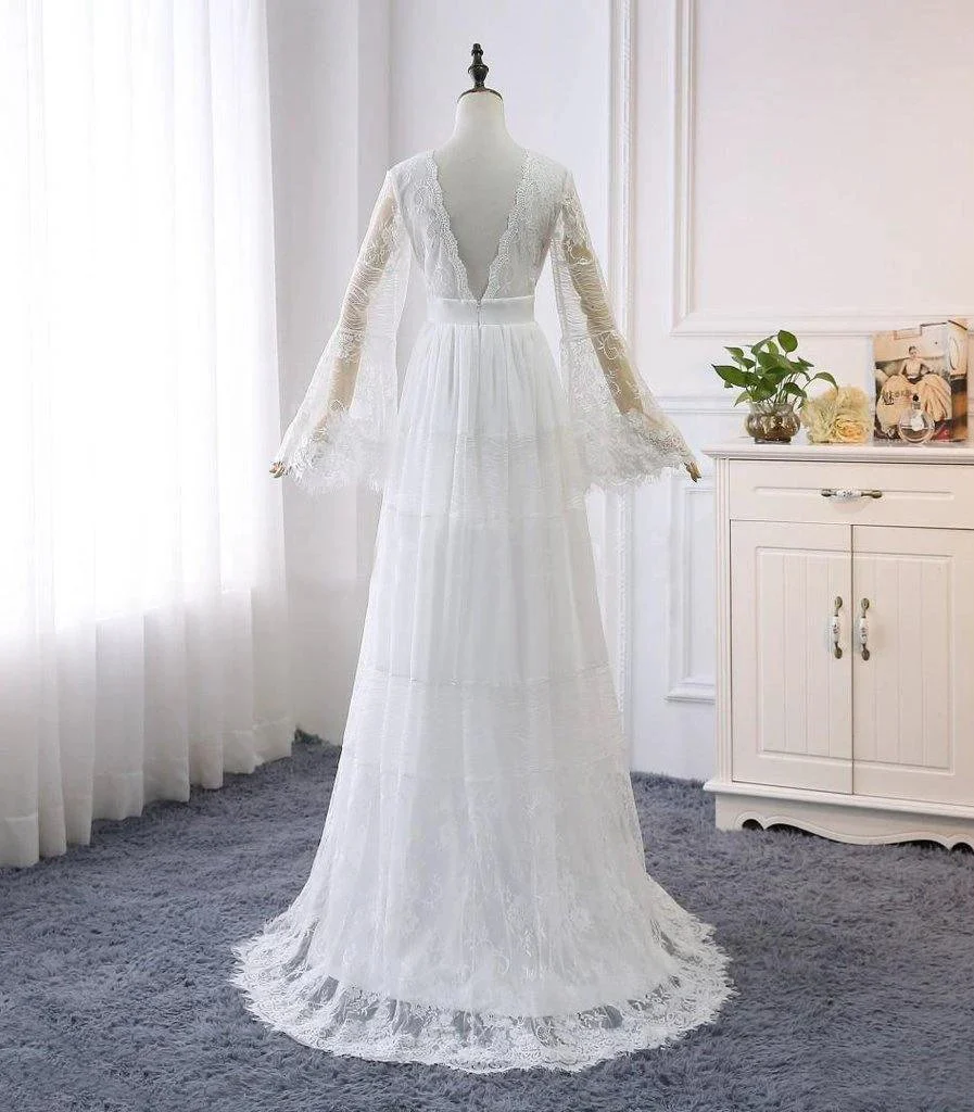 A-line V neck Long Sleeve Wedding Dress Rustic Boho Wedding Dress WD516 - Image 4