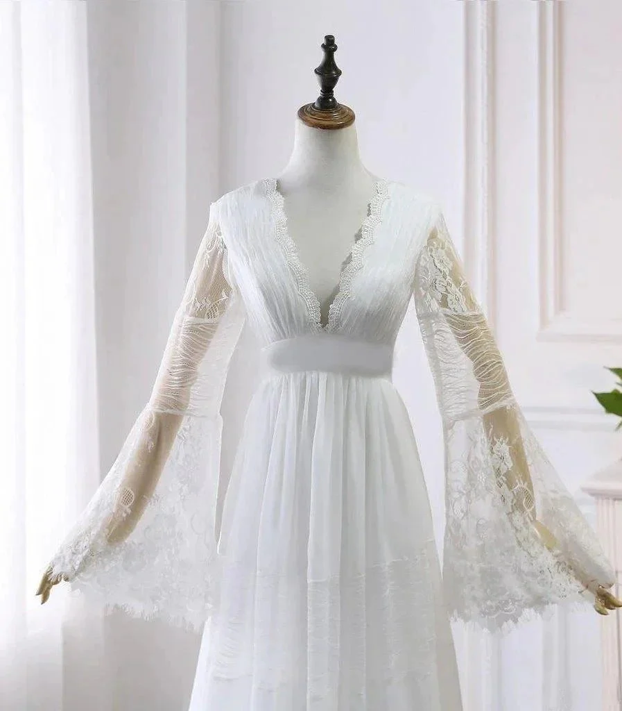 A-line V neck Long Sleeve Wedding Dress Rustic Boho Wedding Dress WD516 - Image 5
