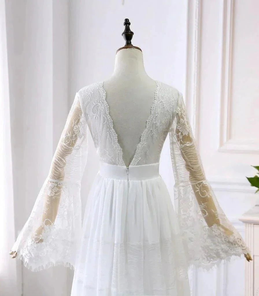 A-line V neck Long Sleeve Wedding Dress Rustic Boho Wedding Dress WD516 - Image 6