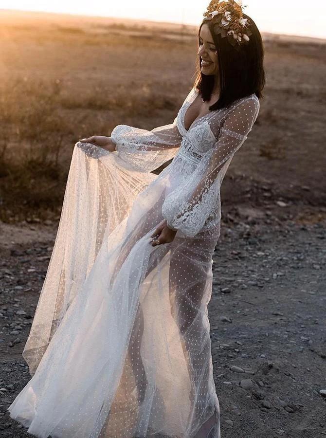 A-Line V-Neck Long Sleeves Beach Wedding Dress with Appliques WD407 - Image 2