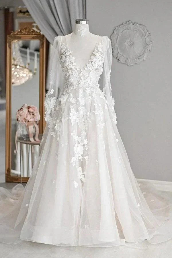 A-line V Neck Long Sleeves Ivory Tulle Wedding Dresses Bridal Gowns WD577 - Image 2
