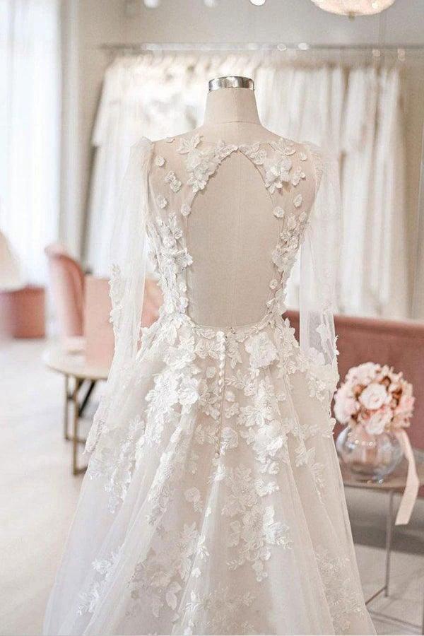 A-line V Neck Long Sleeves Ivory Tulle Wedding Dresses Bridal Gowns WD577 - Image 3