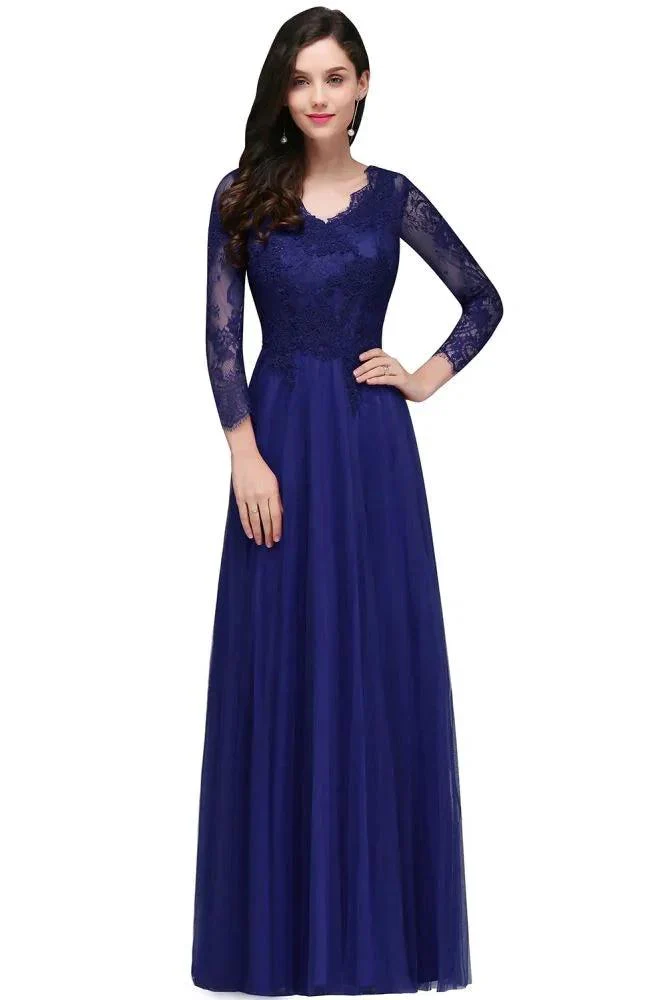 A-line V-neck Long Sleeves Lace Tulle Backless Prom Dresses - Image 2