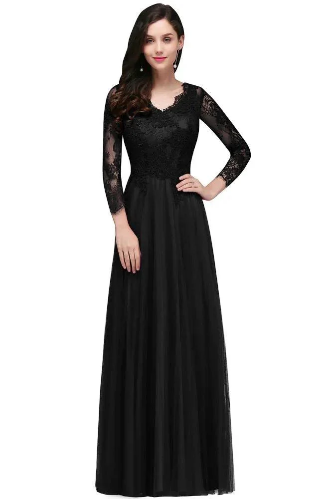 A-line V-neck Long Sleeves Lace Tulle Backless Prom Dresses - Image 3
