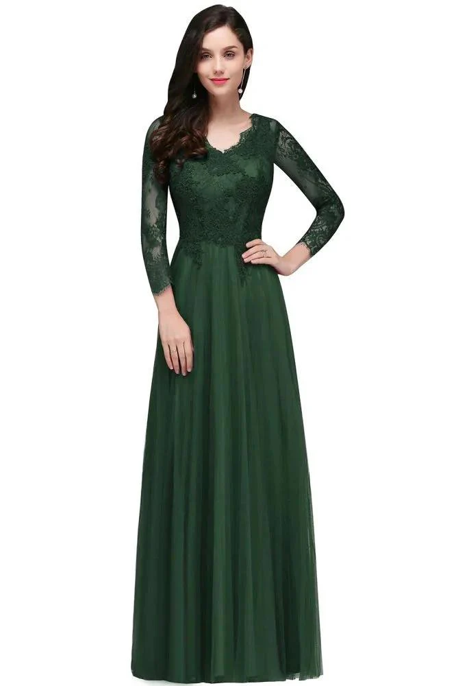 A-line V-neck Long Sleeves Lace Tulle Backless Prom Dresses - Image 4