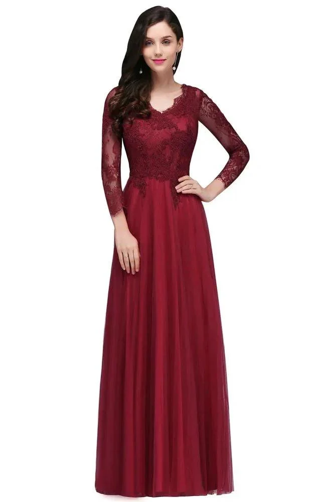A-line V-neck Long Sleeves Lace Tulle Backless Prom Dresses - Image 5