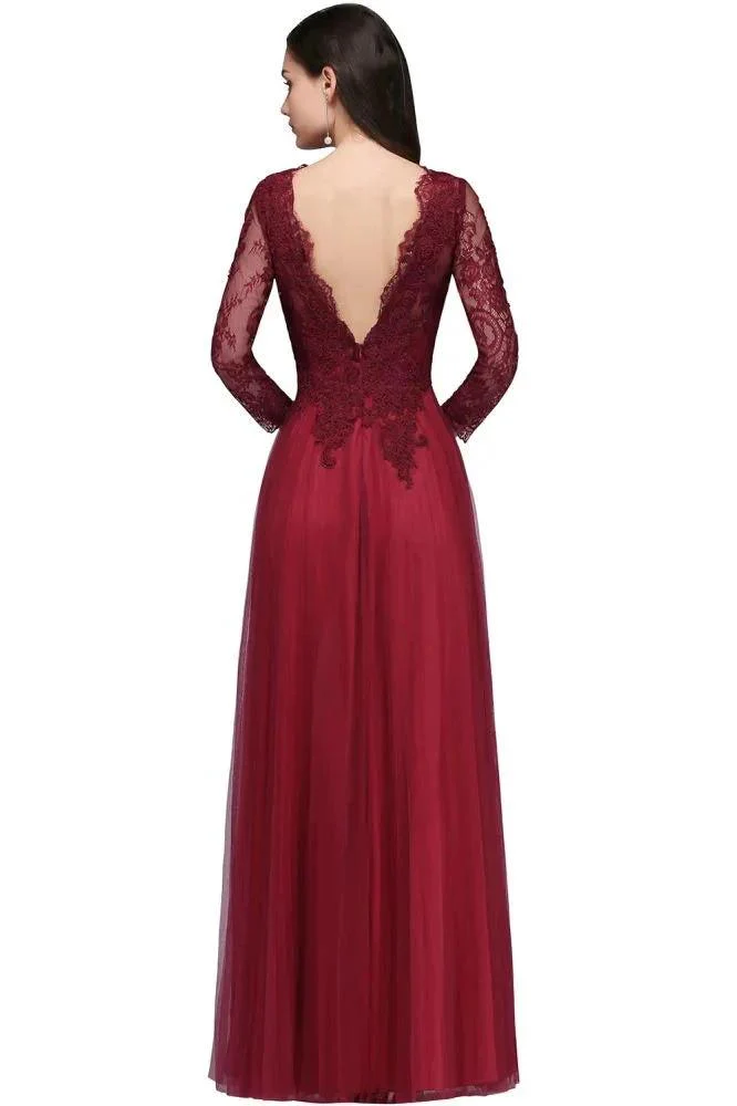 A-line V-neck Long Sleeves Lace Tulle Backless Prom Dresses - Image 6