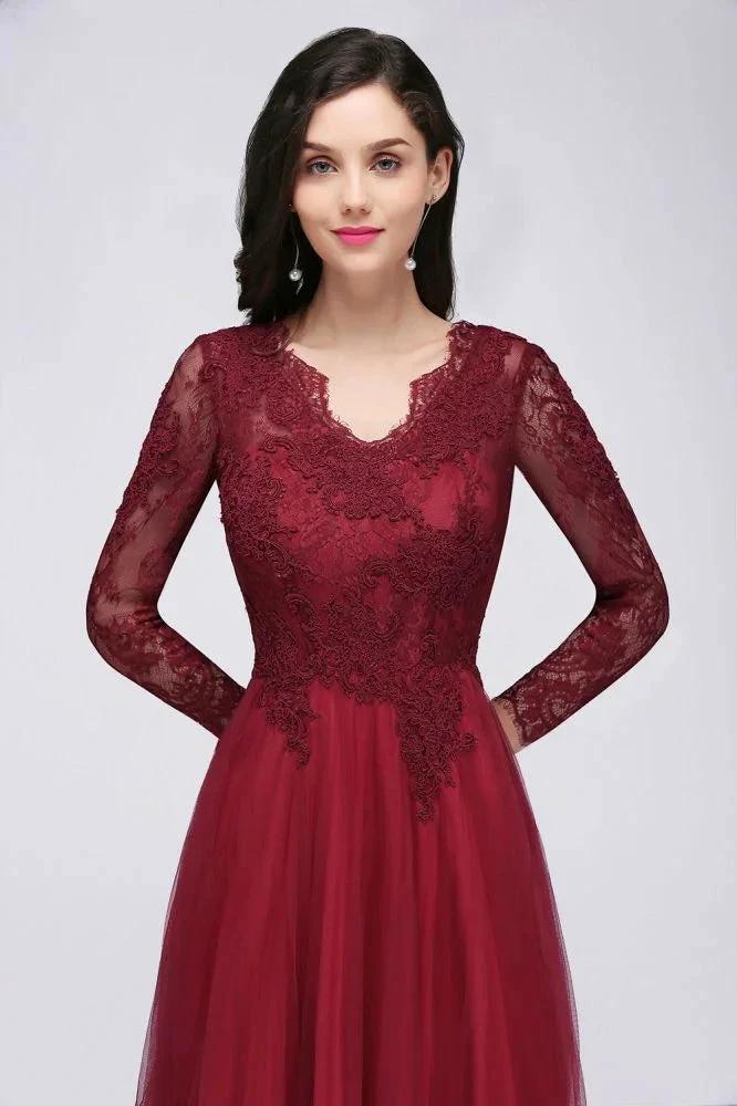 A-line V-neck Long Sleeves Lace Tulle Backless Prom Dresses - Image 7