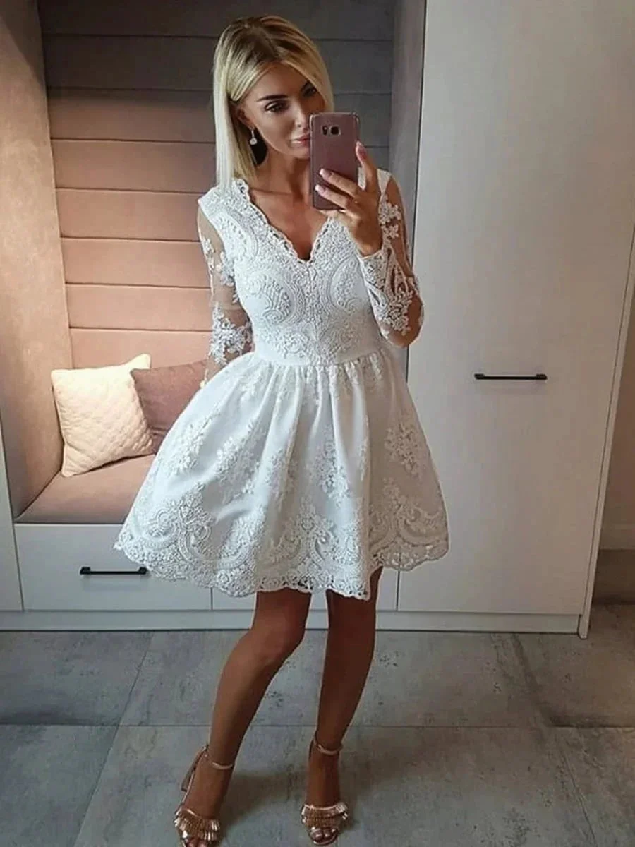A-line V Neck Long Sleeves Lace White Short Prom Homecoming Dresses - Image 2