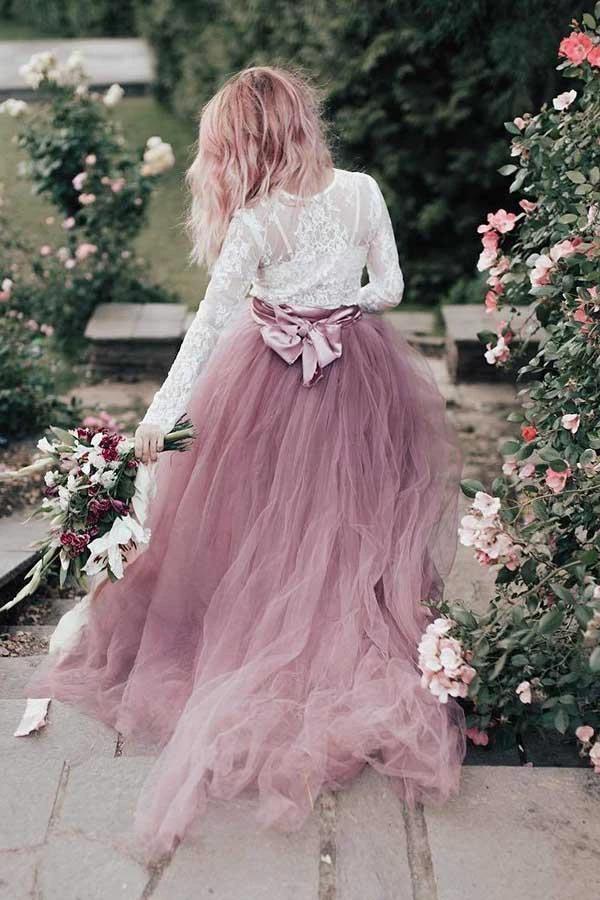 A-Line V-Neck Long Sleeves Pink Tulle Wedding Dress with Lace Appliques WD311 - Image 2