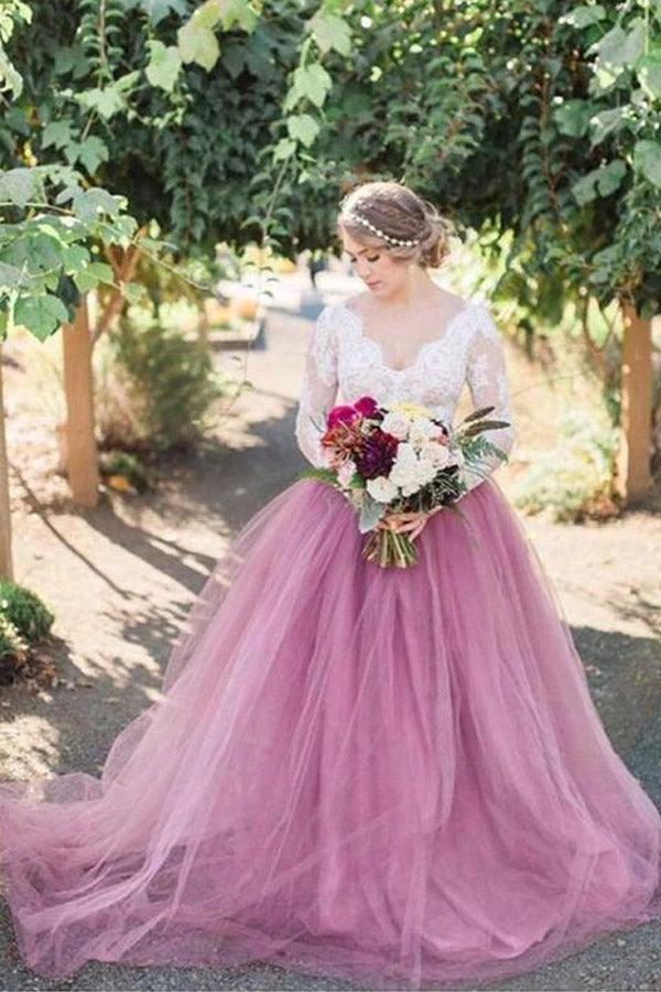 A-Line V-Neck Long Sleeves Pink Tulle Wedding Dress with Lace Appliques WD545 - Image 2