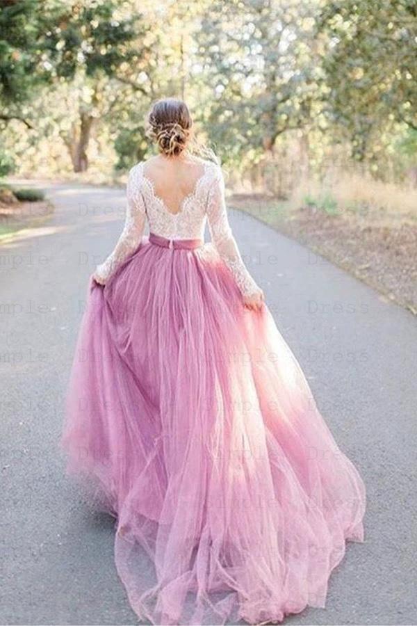 A-Line V-Neck Long Sleeves Pink Tulle Wedding Dress with Lace Appliques WD545 - Image 3