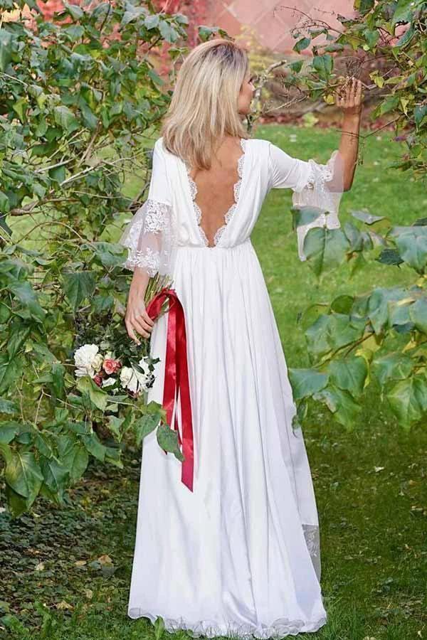A-Line V-Neck Long Sleeves Satin Wedding Party Dress with Lace WD312 - Image 3