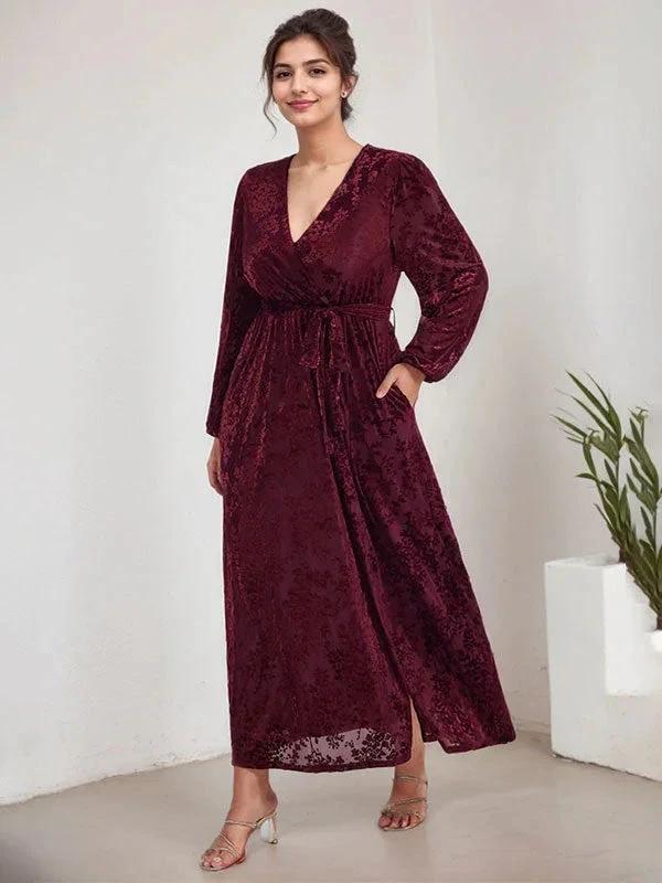 A-Line V-Neck Long Sleeves Velvet Tea-Length Mother of the Bride Dress With Split - Image 10