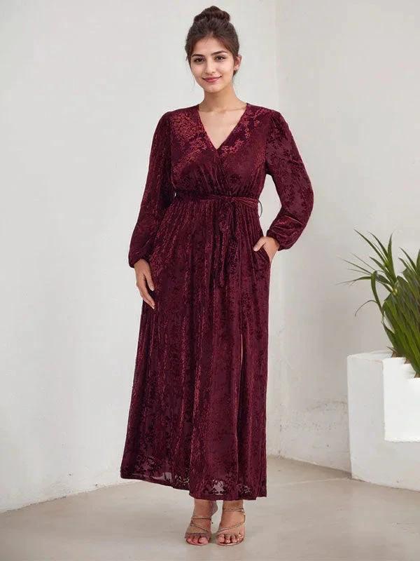 A-Line V-Neck Long Sleeves Velvet Tea-Length Mother of the Bride Dress With Split - Image 11