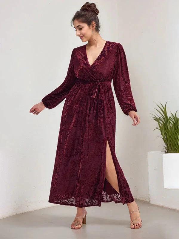 A-Line V-Neck Long Sleeves Velvet Tea-Length Mother of the Bride Dress With Split - Image 12
