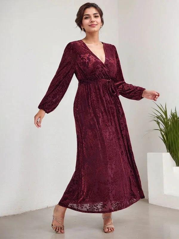 A-Line V-Neck Long Sleeves Velvet Tea-Length Mother of the Bride Dress With Split - Image 13