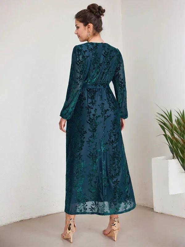 A-Line V-Neck Long Sleeves Velvet Tea-Length Mother of the Bride Dress With Split - Image 2