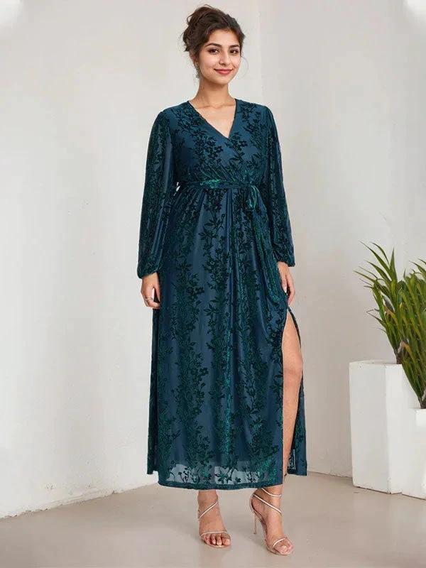 A-Line V-Neck Long Sleeves Velvet Tea-Length Mother of the Bride Dress With Split - Image 4