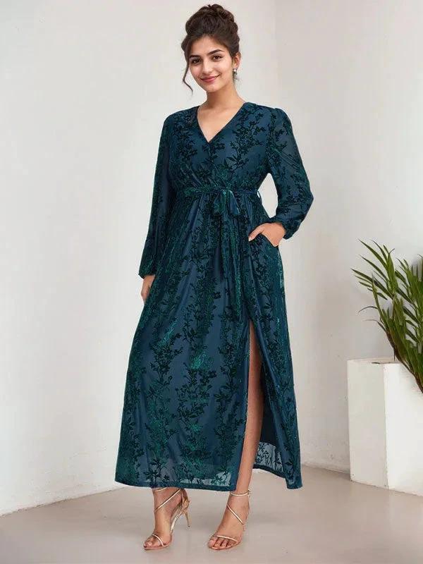 A-Line V-Neck Long Sleeves Velvet Tea-Length Mother of the Bride Dress With Split - Image 6