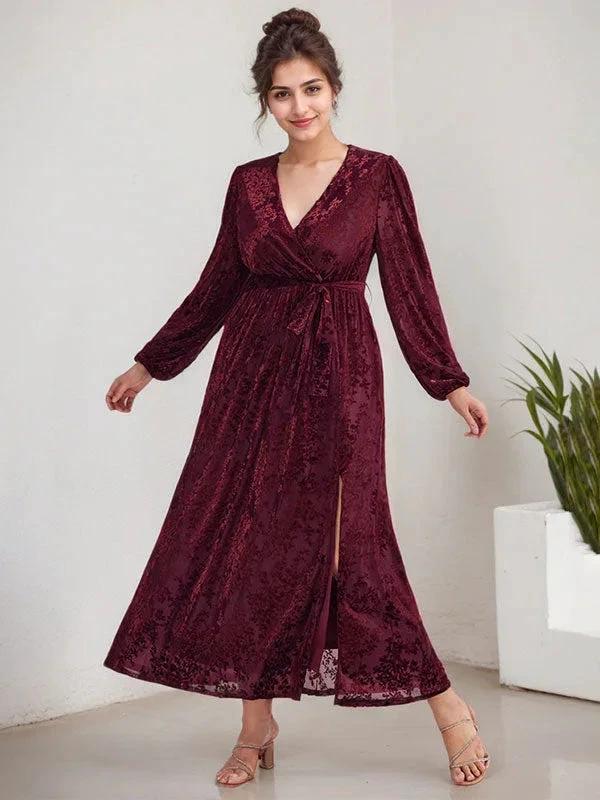 A-Line V-Neck Long Sleeves Velvet Tea-Length Mother of the Bride Dress With Split - Image 8