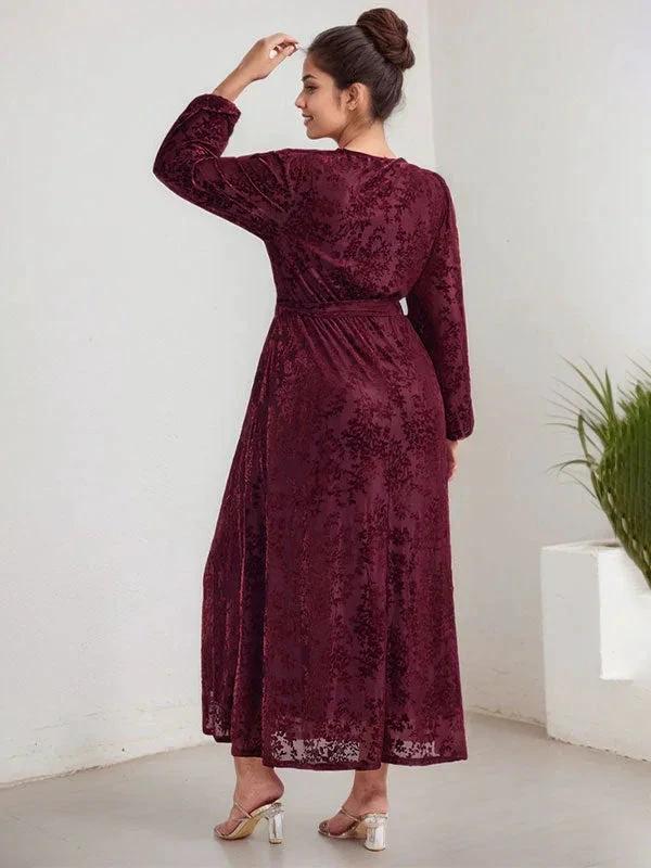 A-Line V-Neck Long Sleeves Velvet Tea-Length Mother of the Bride Dress With Split - Image 9