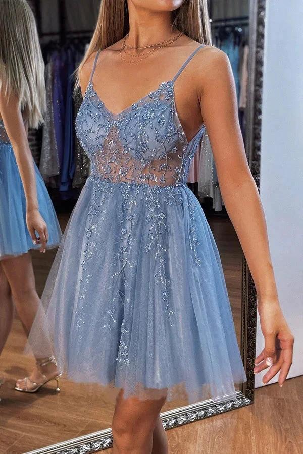 A-line V Neck Mini Tulle Homecoming Dress with Beading Sequins PD499 - Image 2