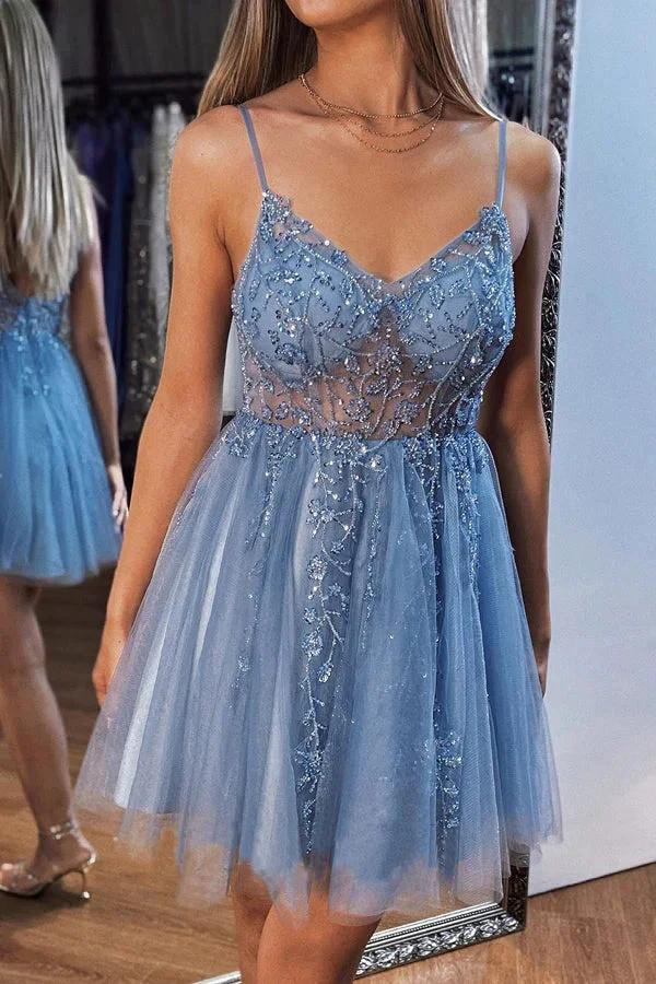 A-line V Neck Mini Tulle Homecoming Dress with Beading Sequins PD499 - Image 3
