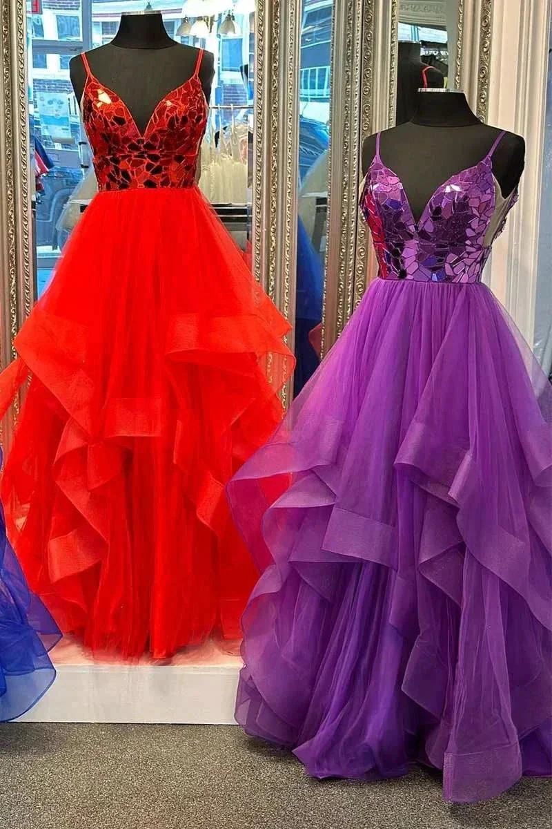 Brandi | A-line V-Neck Mirror-Cut Sequins Ruffle Layers Long Prom Dress - Image 2