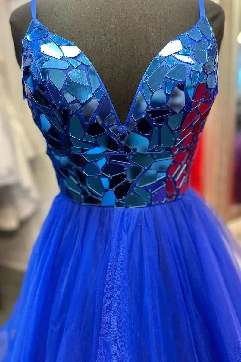 Brandi | A-line V-Neck Mirror-Cut Sequins Ruffle Layers Long Prom Dress - Image 3