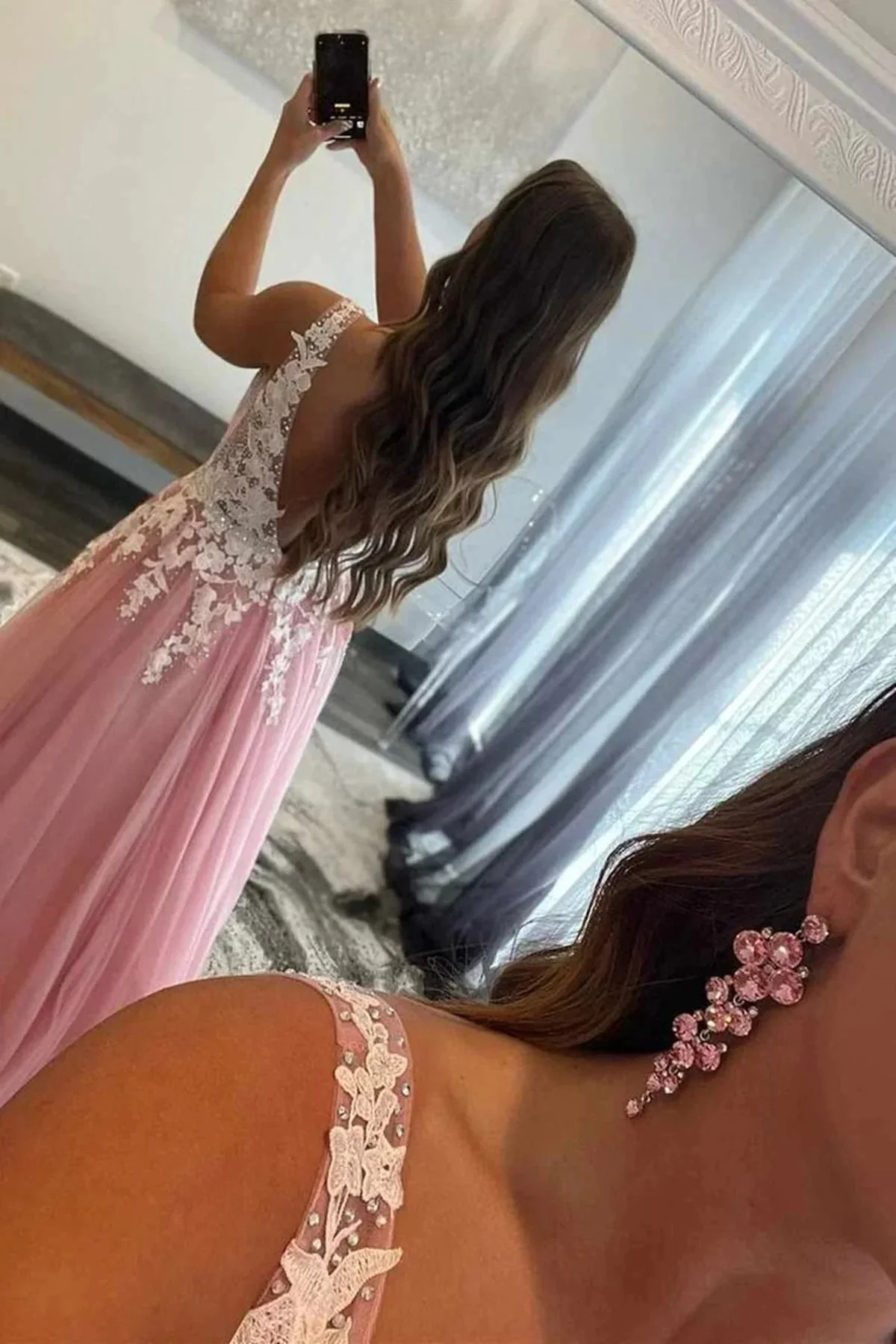 A-line V Neck Open Back Beaded Tulle Lace Long Prom Dresses Pink Formal Graduation Evening Gowns - Image 2