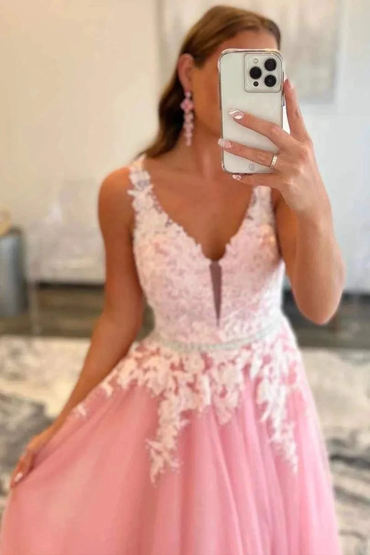 A-line V Neck Open Back Beaded Tulle Lace Long Prom Dresses Pink Formal Graduation Evening Gowns - Image 3