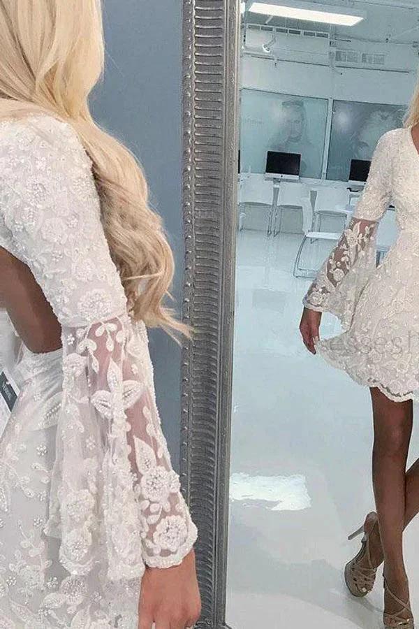 A-Line Bell Sleeves Short Ivory Lace Homecoming Dress Graduation Dresses PD495 - Image 2
