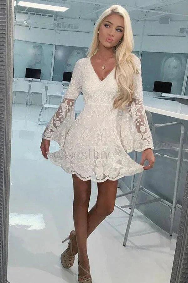 A-Line Bell Sleeves Short Ivory Lace Homecoming Dress Graduation Dresses PD495 - Image 3
