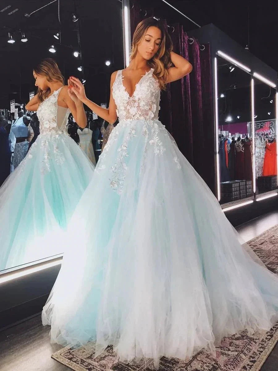 A-line V Neck Open Back Lace Floral Long Prom Dresses Tulle Formal Evening Gowns - Image 2