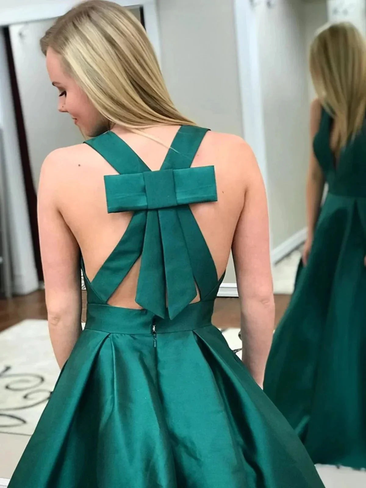 A-line V Neck Open Back Satin Long Prom Dresses with Pocket Green Formal Evening Gowns - Image 2