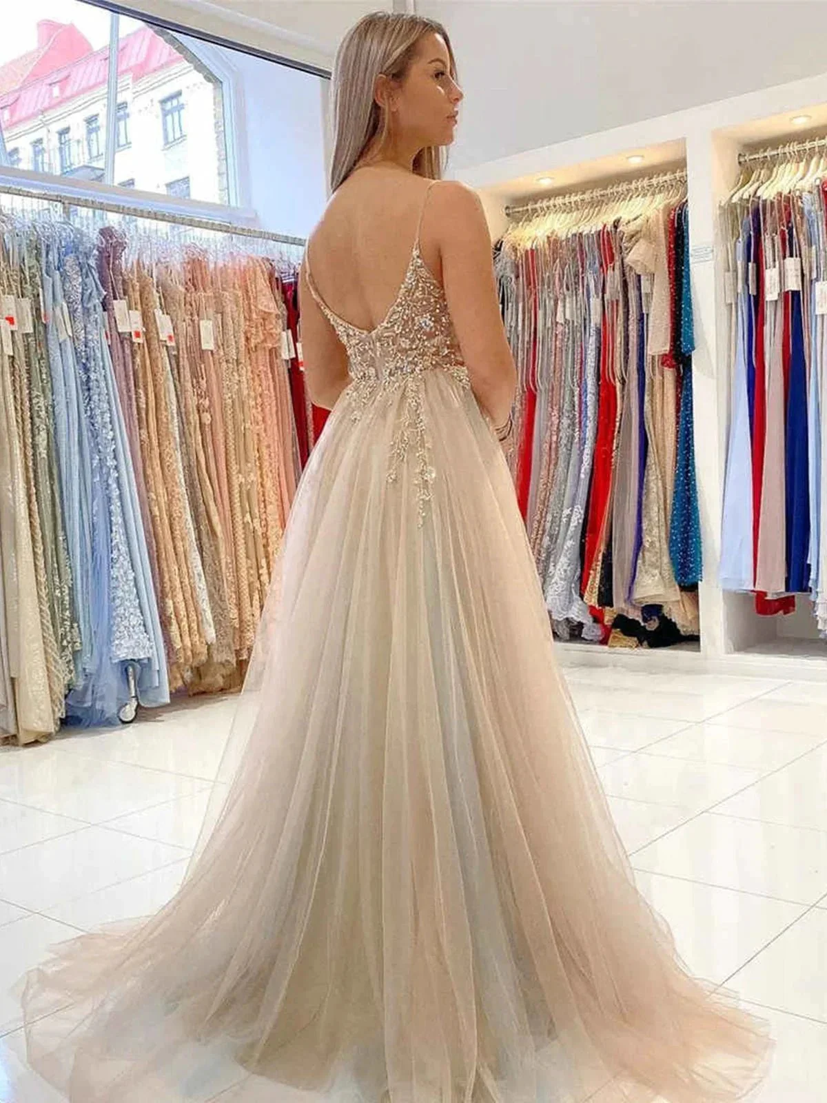 A-line V Neck Open Back Tulle Beaded Long Prom Dress with High Slit Gray Formal Evening Gowns - Image 2