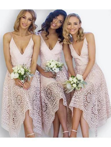 A-Line V-Neck Pearl Pink Lace Bridesmaid/Prom/Homecoming Dress BD053 - Image 2