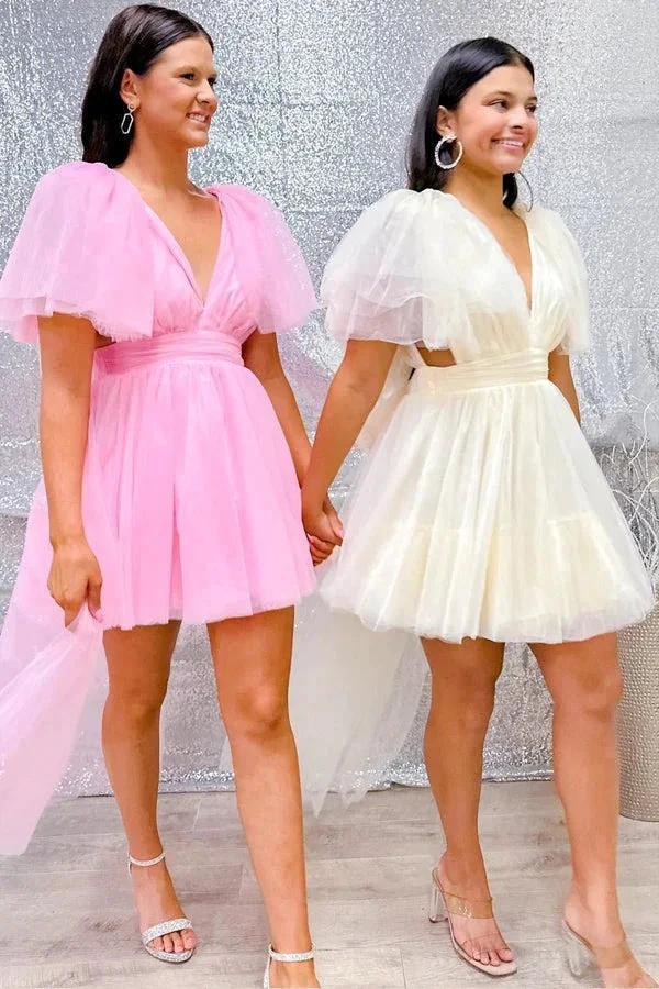 A-Line V Neck Pink Homecoming Dress With Flutter Sleeves PD506 - Image 2