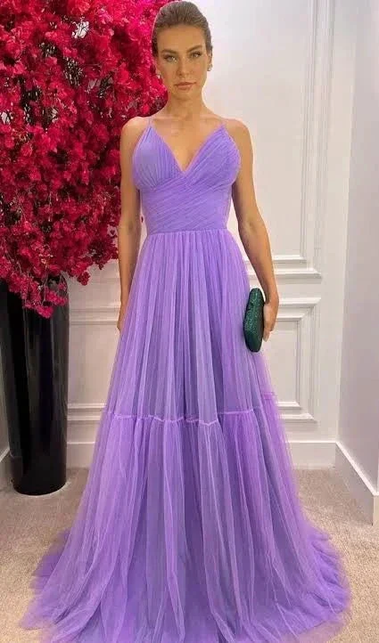 A-line V Neck Purple Tulle Prom Dress Purple Evening Dress Y6168 - Image 2