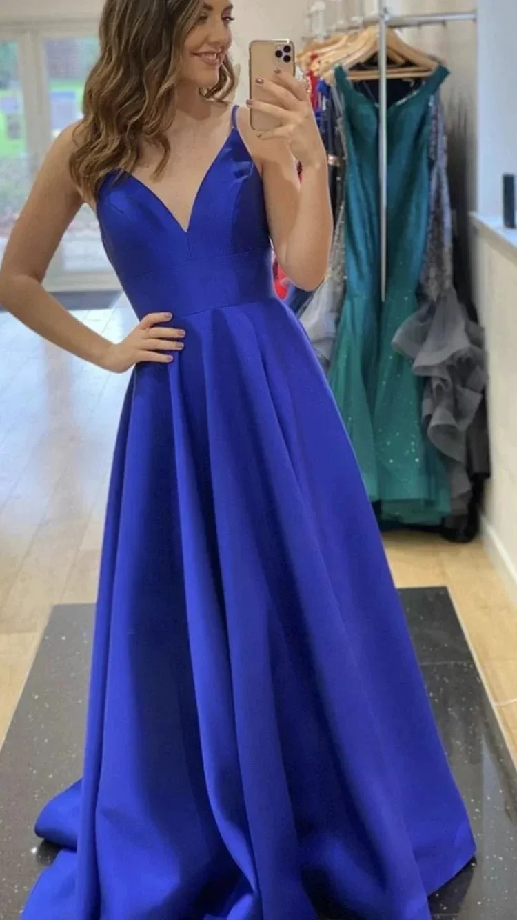 A-line V Neck Royal Blue Satin Evening Dress Graduation Dress Y433 - Image 2