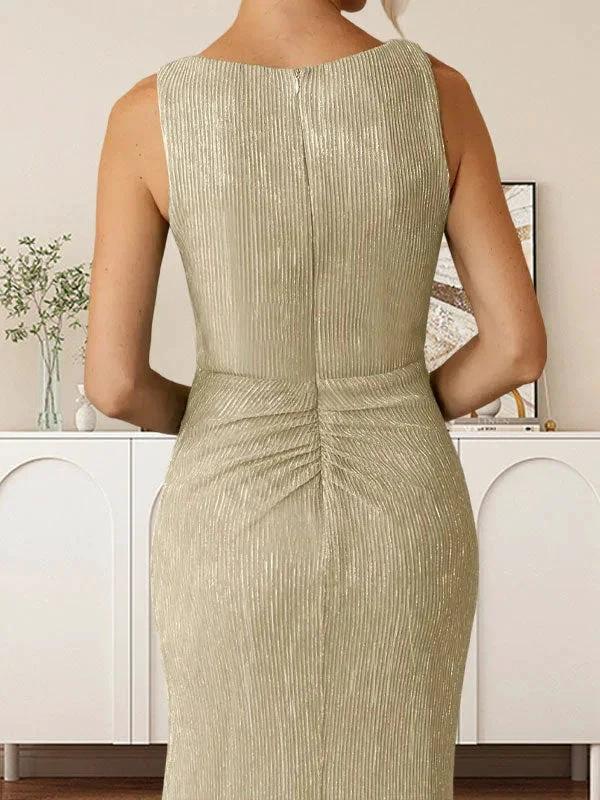 A-Line V-Neck Ruched Metallic Mesh Dress - Image 2