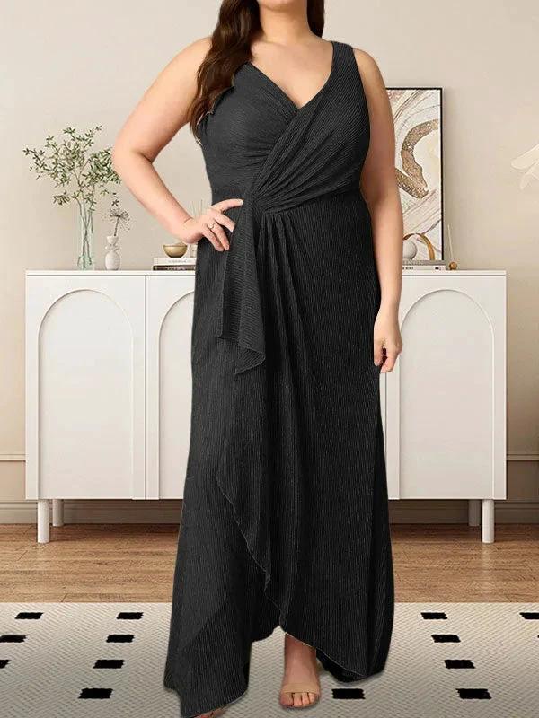 A-Line V-Neck Ruched Metallic Mesh Dress - Image 30