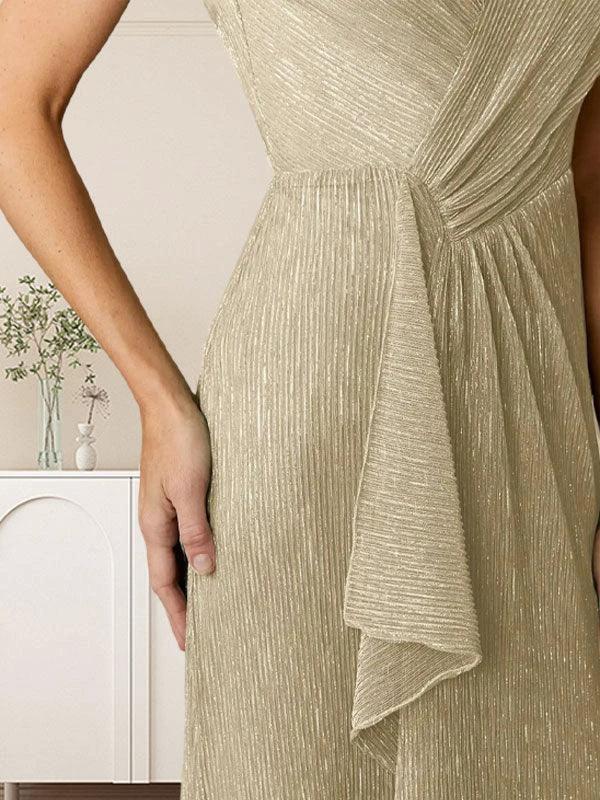 A-Line V-Neck Ruched Metallic Mesh Dress - Image 4
