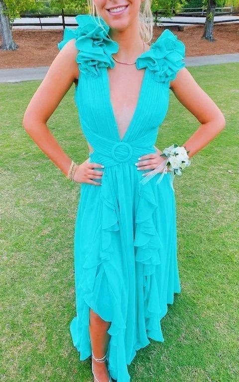A-line V Neck Ruffles Long Prom Dress Simple Evening Dresses Y4626 - Image 2