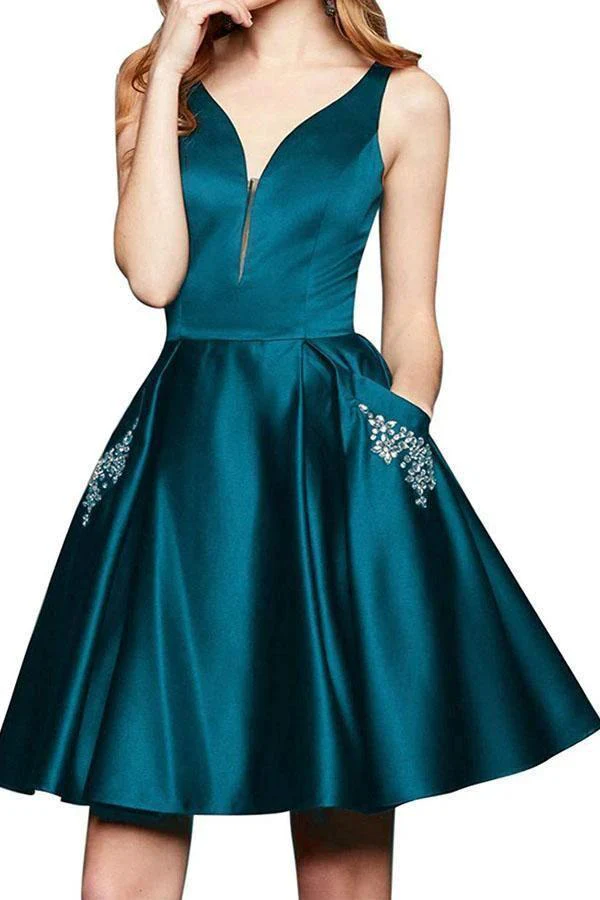 A Line V Neck Satin Burgundy Beaded Homecoming Dresses with Pockets  PD262 - Image 2