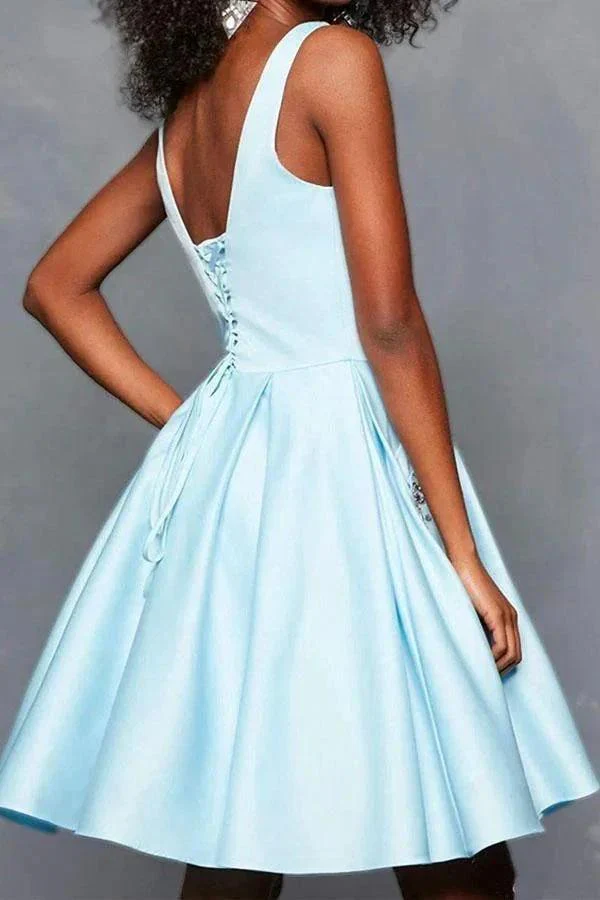 A Line V Neck Satin Burgundy Beaded Homecoming Dresses with Pockets  PD262 - Image 3