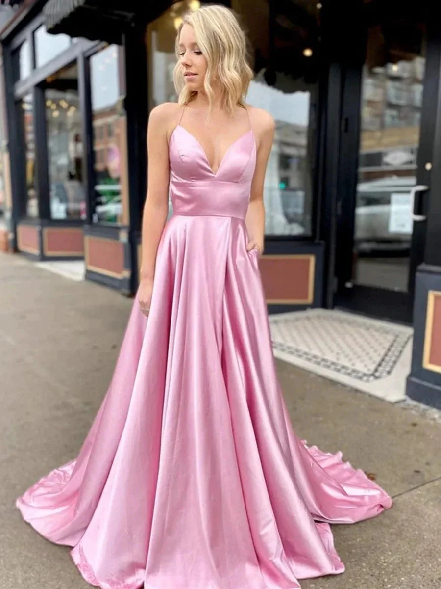 A Line V Neck Satin Long Prom Dresses with High Slit Backless Formal Gowns with Pocket - Image 2