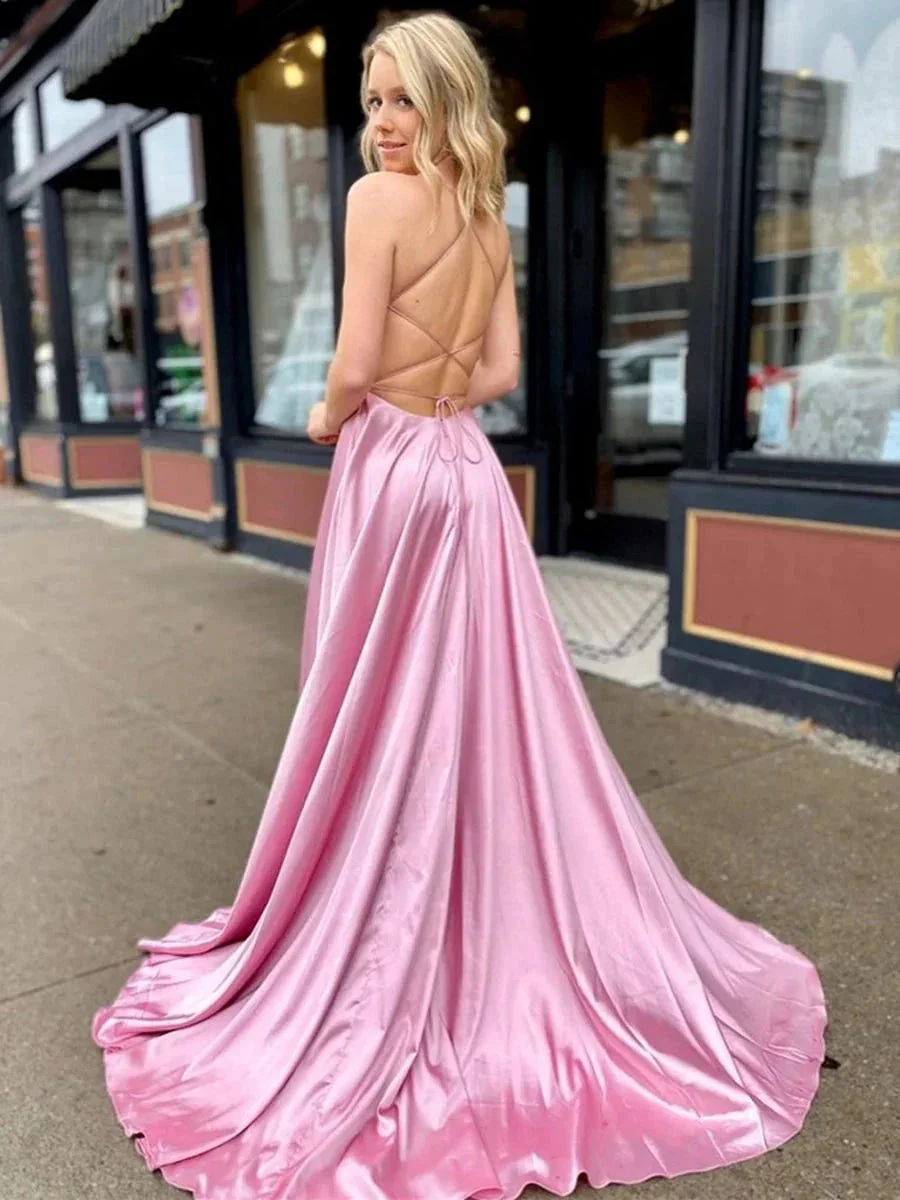 A Line V Neck Satin Long Prom Dresses with High Slit Backless Formal Gowns with Pocket - Image 3