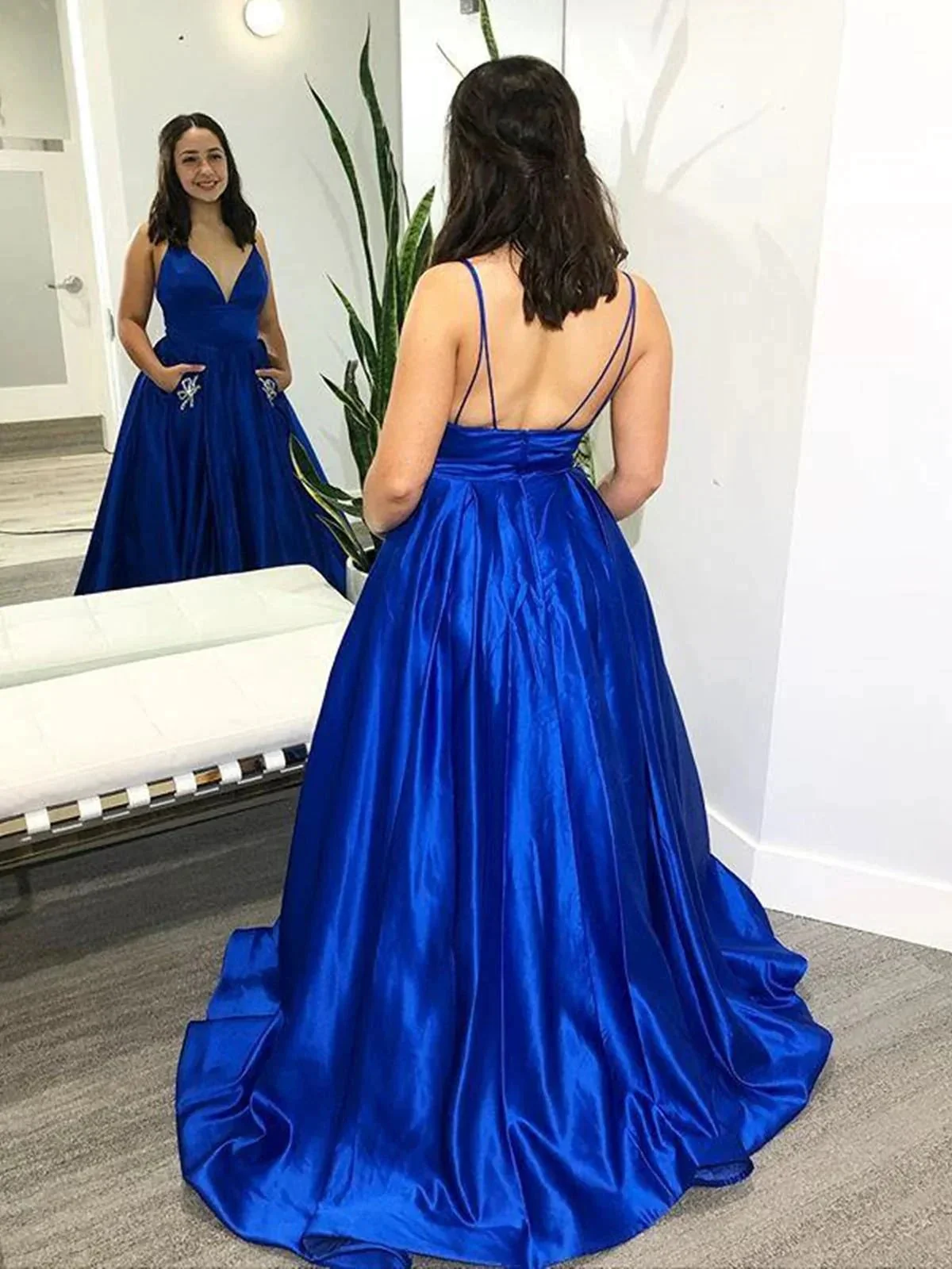 A-line V Neck Satin Long Prom Dresses with Pockets Royal Blue Backless Formal Evening Gowns - Image 2